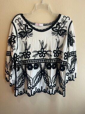 Ana & Rose White Blouse with Black Floral Embroidery
